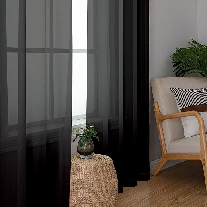 Aiyufeng Sheer Black Curtains 120 Inches Long, Extra Long Rod Pocket Solid Color Window Sheer Curtain Panels, Elegant Curtains & Drapes for Living Room, Bedroom 2 Panels (Black, 59" W x 120" L)