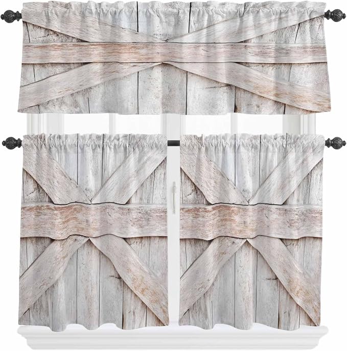 Kitchen Window Curtains Valance and Tier Set, Farmhouse Retro Wooden Barn Rod - Image 2