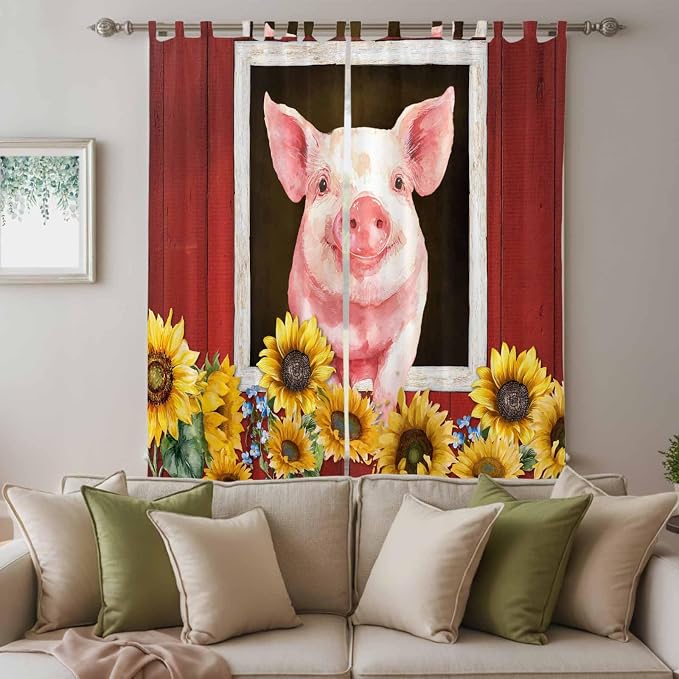Pigs Sunflowers Living Room Curtains 84 Inch Length, Window Curtains Tab Top - Image 3
