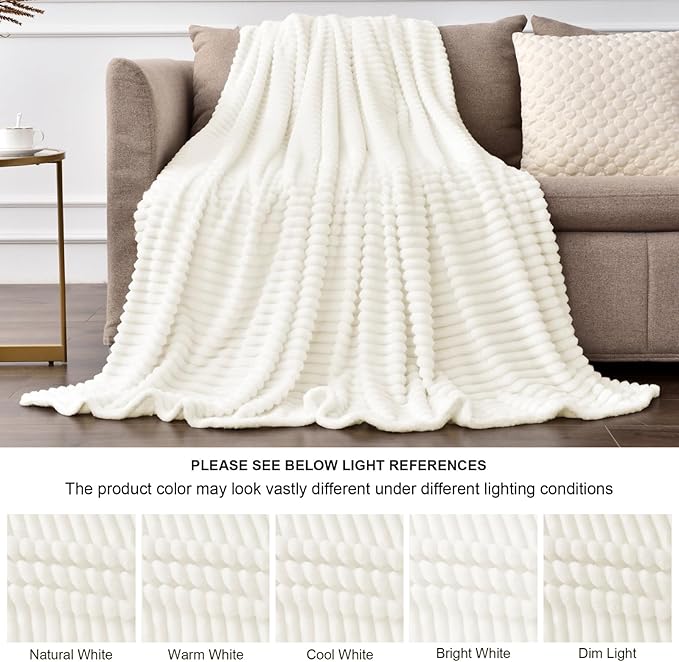BEDELITE Fleece Blanket Twin Size – 3D Ribbed Jacquard Soft and Warm Decorative Fuzzy Blankets – Cozy, Fluffy, Plush Lightweight Throw Blankets for Couch, Bed, Sofa(Cream, 60x80 inches)