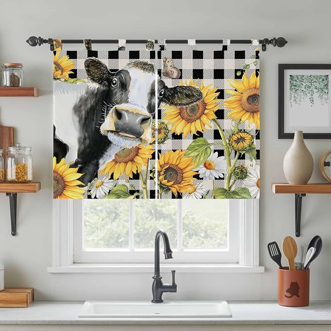 Retro Sunflowers Kitchen Curtains 45 Inch Length, Short Cafe Window Curtains - Image 3