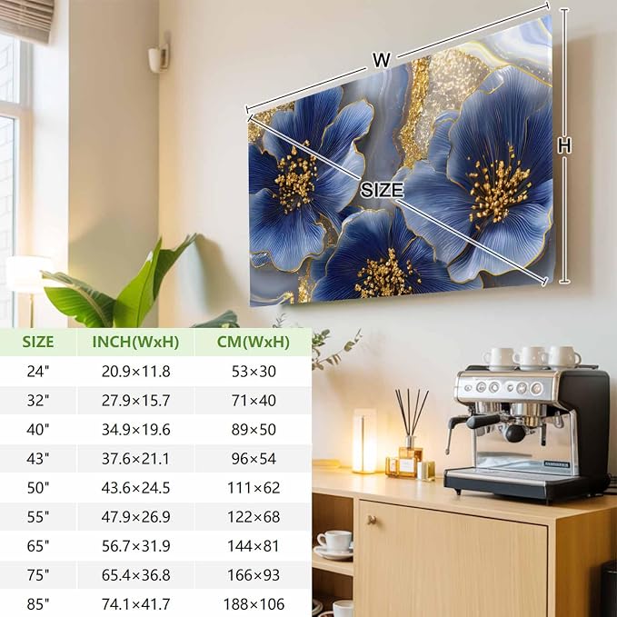 Watercolor Blue Flower Abstract Gold Indoor TV Cover, Elastic TV Screen - Image 3