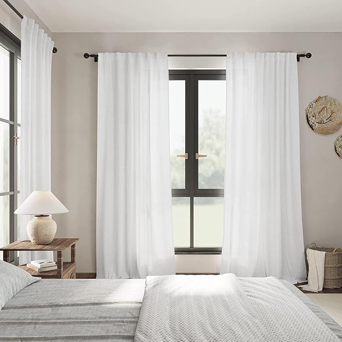 Nanspring White Linen Curtains 89 Inches Long for Bedroom Back Tab Light Filtering Privacy Sheer Curtains Modern Farmhouse Decor Linen Textured Gauze Curtain for Bathroom 2 Panels Set 52x89