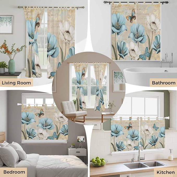 Spring Flowers Kitchen Curtains 24 Inch Length, Small Window Curtains Tab Top - Image 7