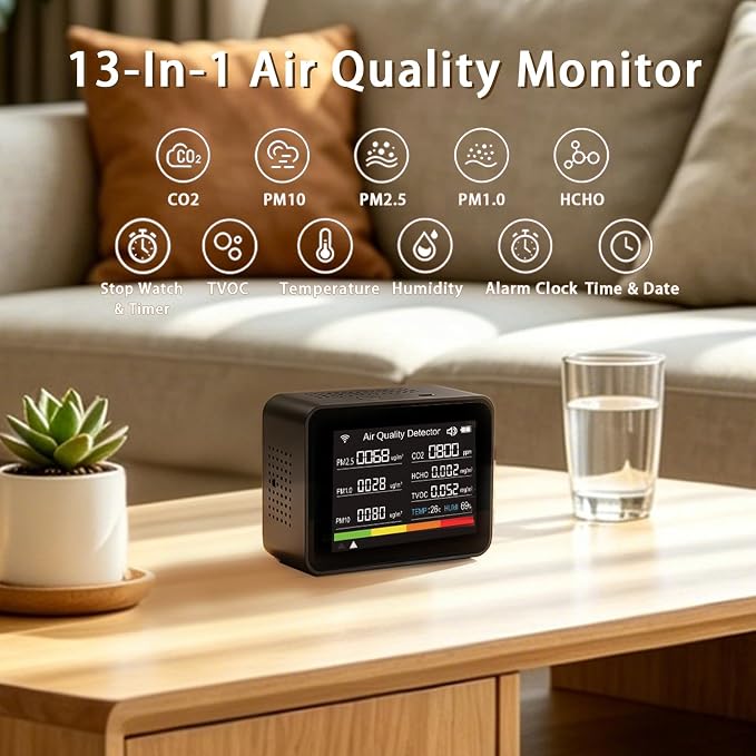 Home Air Quality Monitor, 13-in-1 Indoor Air Detector, Carbon Dioxide HCHO TVOC - Image 2