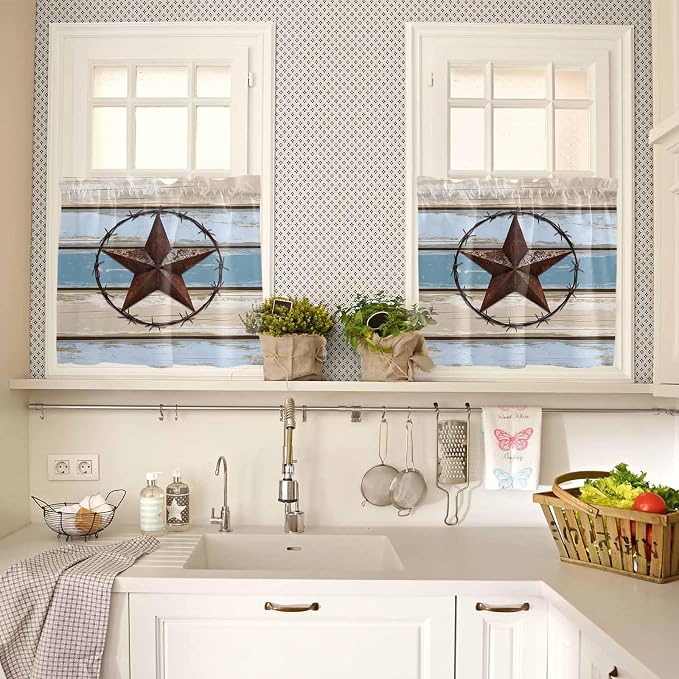 Vintage Western Star on Wood Grain Window Valance Curtains, Retro Wooden - Image 7