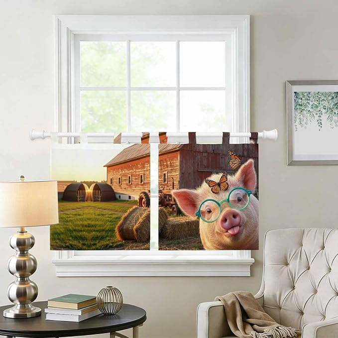 Farm Pig Kitchen Curtains 24 Inch Length, Small Window Curtains Tab Top - Image 2