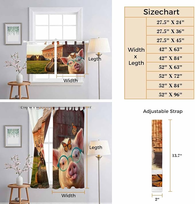 Farm Pig Kitchen Curtains 24 Inch Length, Small Window Curtains Tab Top - Image 8