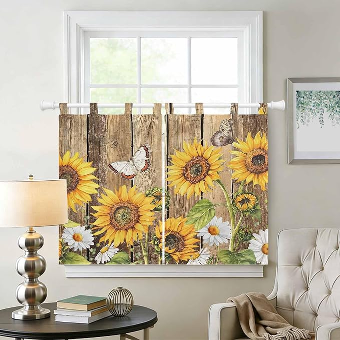 Farmhouse Sunflowers Kitchen Curtains 45 Inch Length, Short Cafe Window - Image 2