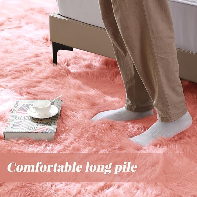 ORINOVA Pink Fluffy Sheepskin Fur Area Rugs for Bedroom Washable Furry Carpet Rug for Living Room Faux Fur Rug 2x3 Nursery