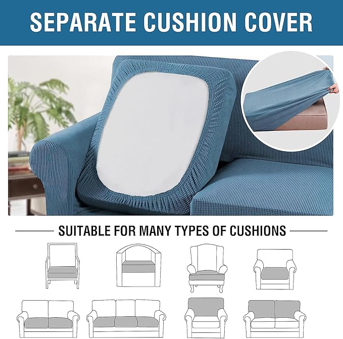 H.VERSAILTEX 4 Piece Stretch Sofa Covers for 3 Cushion Couch Covers for Living Room Furniture Slipcovers (Base Cover Plus 3 Seat Cushion Covers) Upgraded Thicker Jacquard Fabric (XL Sofa, Dusty Blue)