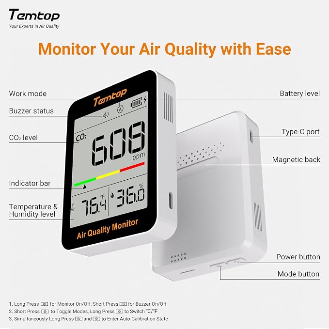 Temtop C1 Dual Pack CO2 Monitor Indoor Air Quality Monitor Portable CO2 Meter - Image 6
