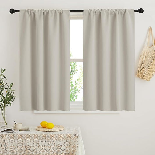 RYB HOME Short Curtains for Bedroom, Room Darkening Insulated Summer Heat Light UV Blocking Energy Saving Drapes for Nursery, Width 34 by Length 45, Natural, Set of 2