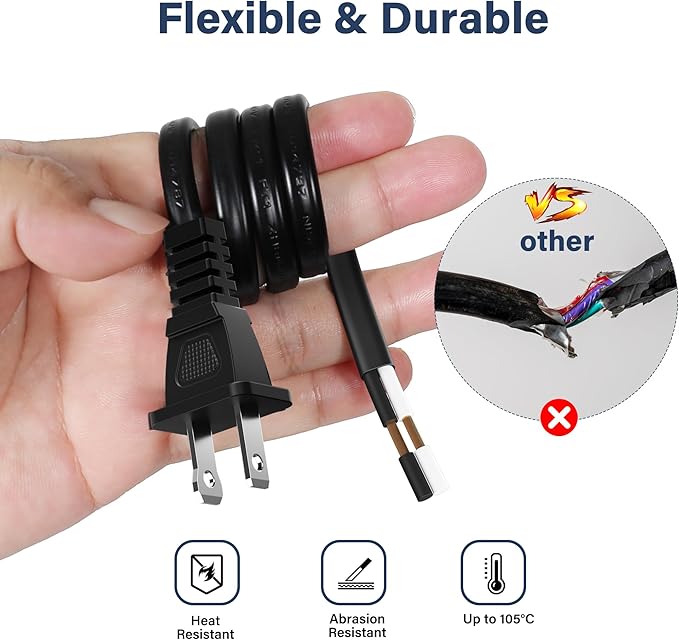 Adoreen 18 Gauge 2 Prong Polarized Replacement Power Cord 3 Ft - Image 4
