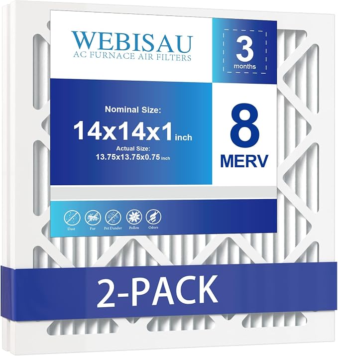 14x14x1 Air Filter MERV 8 MPR 600 2Pack Pleated HVAC AC Furnace Air Filters by WEBISAU