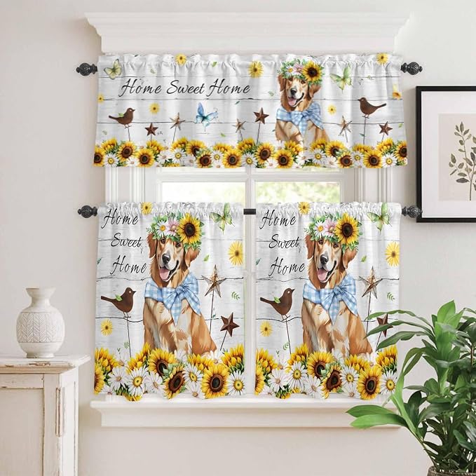 Kitchen Curtains Tiers and Valance Set of 3, Sunflowers Dog Light Filtering - Image 2