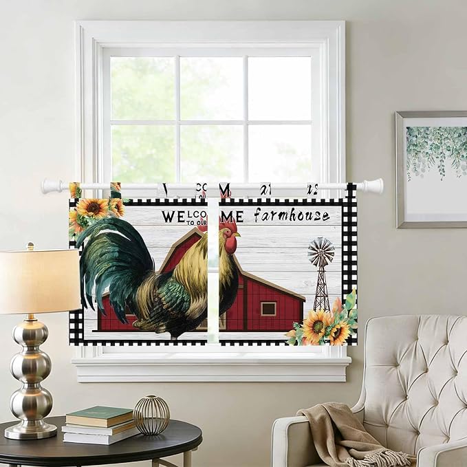 Farmhouse Rooster Kitchen Curtains 24 Inch Length, Small Window Curtains Tab Top - Image 2
