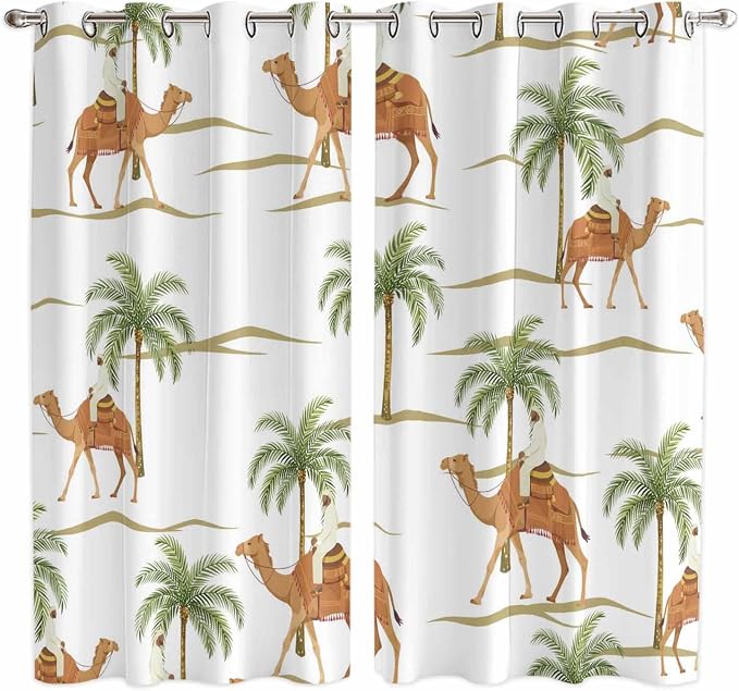 2 Panel Kitchen Cafe Curtains, Desert Camels Sunlight Filtering Nature Air by Hokiten