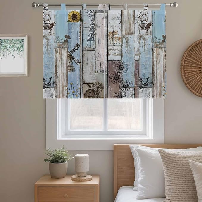 Blue Grey Wooden Kitchen Curtains 45 Inch Length, Short Cafe Window Curtains - Image 9