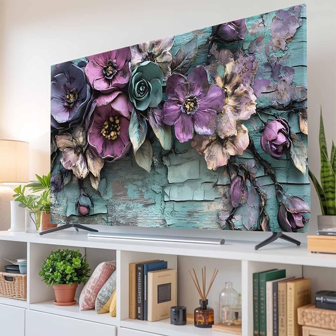 Vintage Flower Teal Mottled Wall Indoor TV Cover, Elastic TV Screen Protector - Image 6
