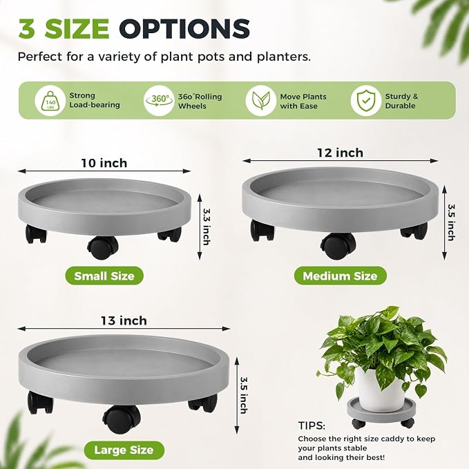 3 Pack Plant Caddy with Wheels Rolling Plant Stand with Wheels 13 Inch Plant - Image 2