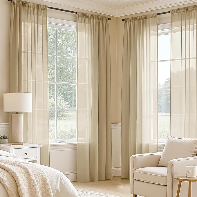 MIULEE Beige Sheer Curtains 90 Inches Long, 4 Panels Set, Rod Pocket Voile Drapes Light Filtering and Semi Transparent, Elegant Window Treatments for Bedroom Living Room,42 x 90 Inches