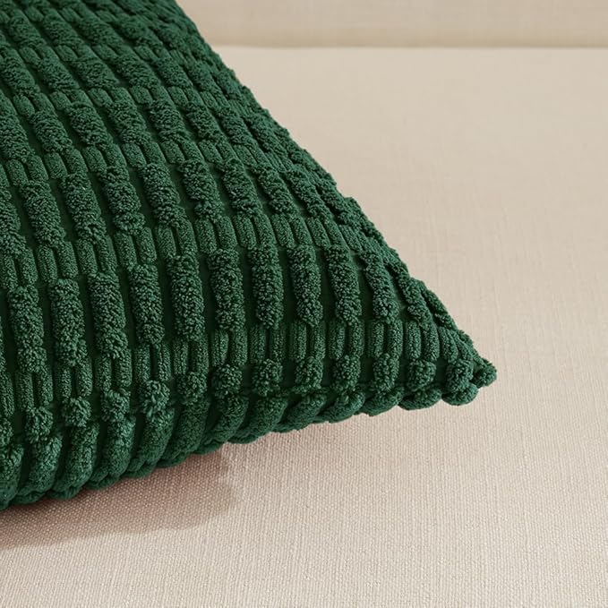 Fancy Homi Set of 4 Dark Green Boho Decorative Throw Pillow Covers 16x16 Inch for Couch Bed Sofa, Aesthetic Modern Bohemian Room Decor, Soft Fuzzy Fluffy Cozy Corduroy Textured Cushion Case 40x40cm