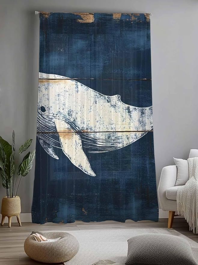 Sheer Curtains 108 Inches Long, Ocean Whale Blue Semi Sheer Curtains Light - Image 2