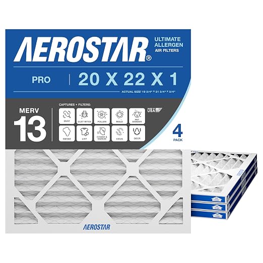 Aerostar 20x22x1 MERV 13 Air Filter, 4 Pack Set of HVAC Furnace Filters by AirFiltersDelivered