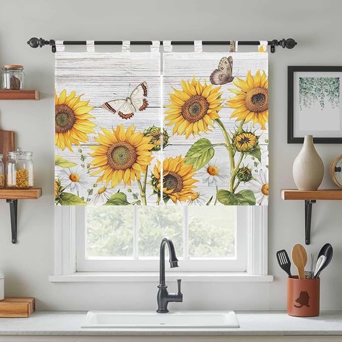 Yellow Sunflowers Kitchen Curtains 45 Inch Length, Short Cafe Window Curtains - Image 3