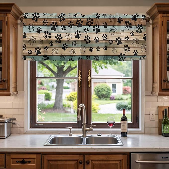 Dog Paws Valance Curtains for Kitchen, Teal Brown Wood Grain Privacy Rod Pocket - Image 3