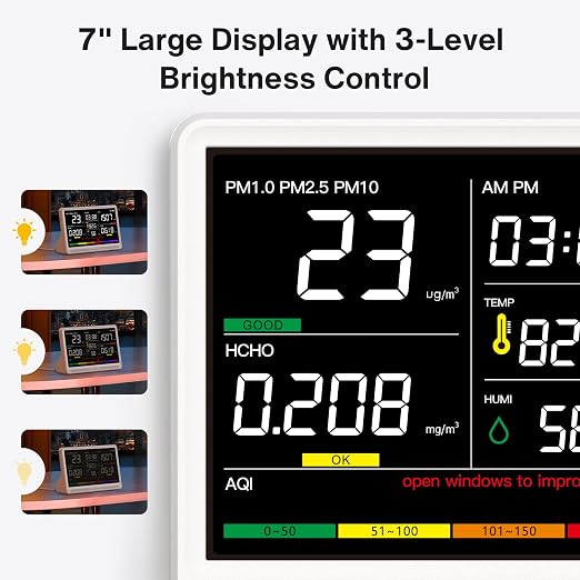 16 in 1 Air Quality Monitor Indoor 7" Display 9 AQI+7 AQI Alerts Air Quality - Image 7