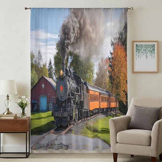 Steam Train Sheer Curtains 63 Inch Length Railroad Country Barn Rustic Trees - Image 3