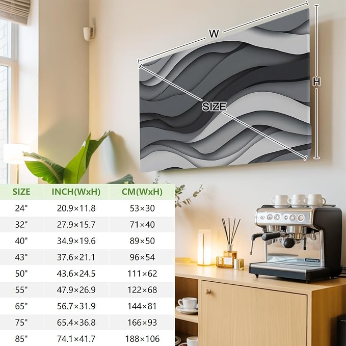 Black Grey White Abstract Waves Indoor TV Cover, Elastic TV Screen Protector - Image 3