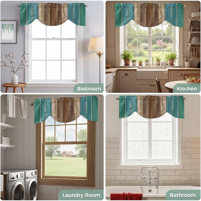 Teal Blue Brown Tie Up Valance Curtains - Image 8
