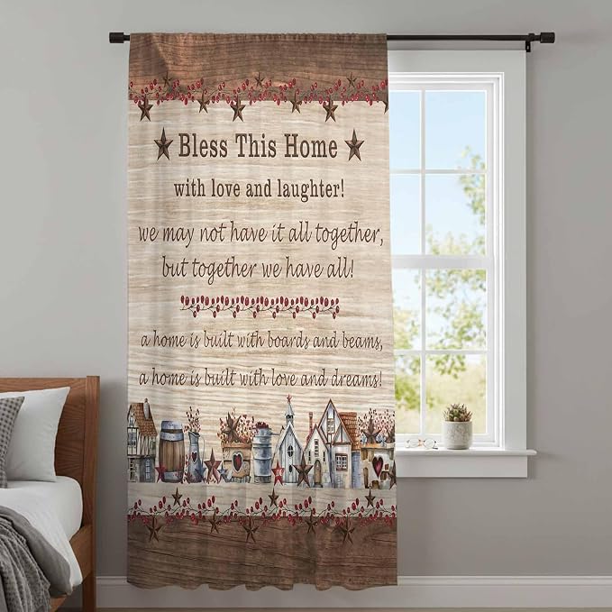 Farmhouse Sheer Curtains 96 Inch Length Brown Country Star Berry Vintage Wood - Image 4