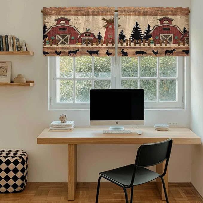 Brown Farmhouse Tier Curtains, Vintage Country Animals Wooden Grain Light - Image 6