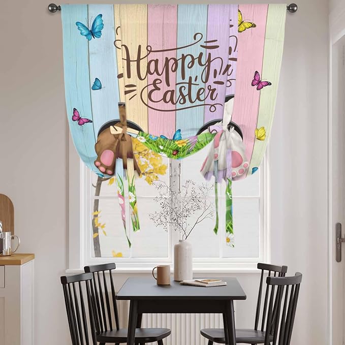 Tie Up Curtains, Happy Easter Rabbit Butt Egg on Daisy Leaf Adjustable Rod - Image 4