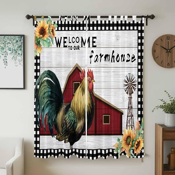 Farmhouse Rooster Living Room Curtains 96 Inch Length, Window Curtains Tab Top - Image 2