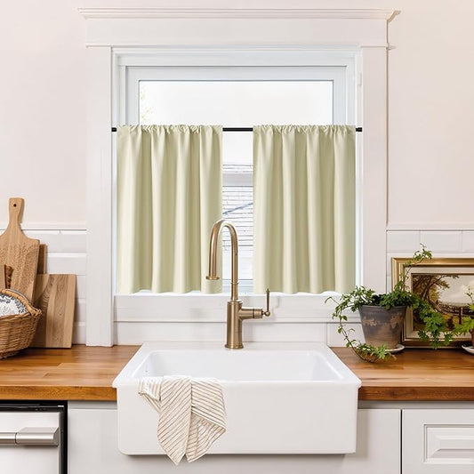 RYB HOME 100% Blackout Short Curtains for Small Window, Thermal Insulated Total Room Darkening Noise Reducing Curtains for Basement Bathroom RV Cars, 29 inches Wide by 24 inches Long, Beige