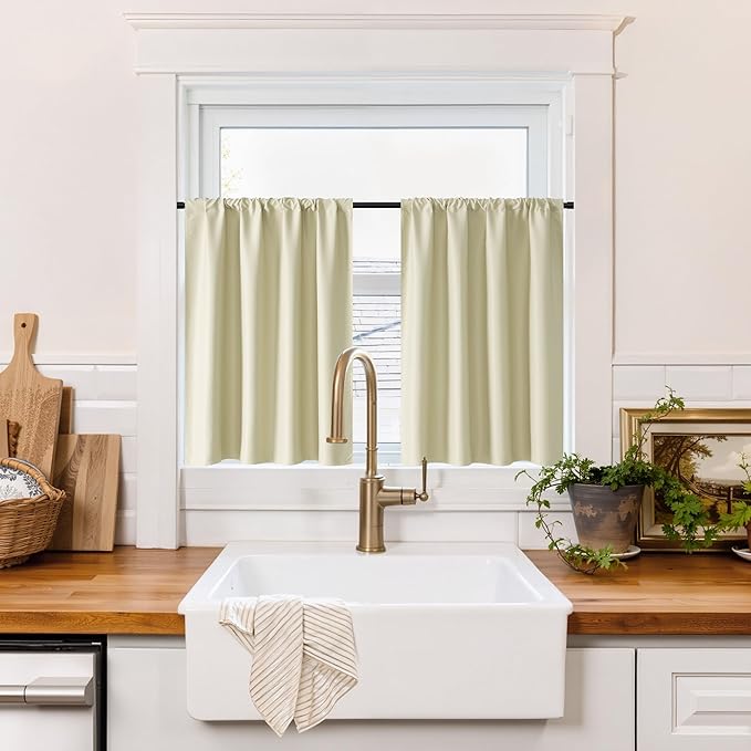 RYB HOME 100% Blackout Basement Curtains 24 inches Long, Heat & UV Blocking Total Room Darkening Noise Reducing Curtains for Bathroom RV Campers, Beige, 2 Panels Set