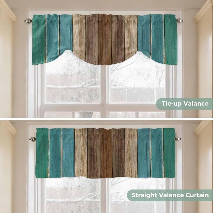 Teal Blue Brown Tie Up Valance Curtains - Image 5