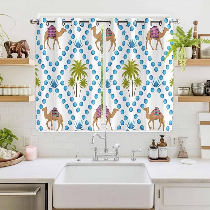 2 Panel Kitchen Cafe Curtains, Camels Palm Trees Sunlight Filtering Nature Air - Image 2
