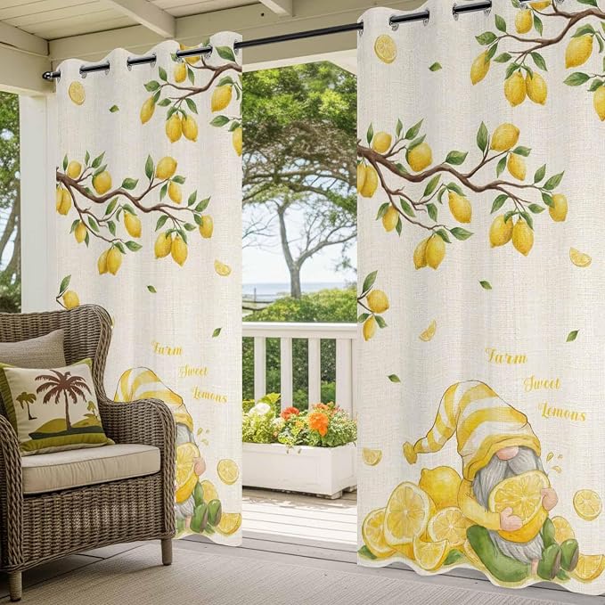 Summer Outdoor Curtains for Patio Lemon Gnome Leaf Linen Texture Waterproof - Image 5