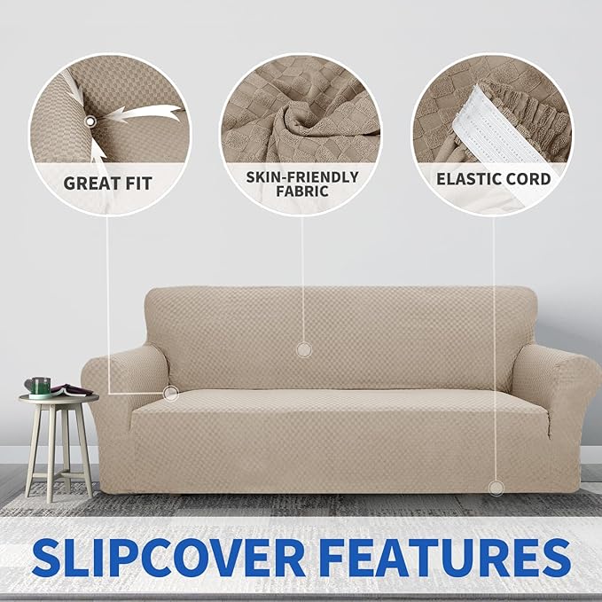 ZNSAYOTX 1 Piece Jacquard Couch Covers for 3 Cushion Couch Living Room High Stretch Sofa Cover Pets Dogs Friendly Anti Slip Thickened Slipcovers Furniture Protector (Sofa, Khaki)