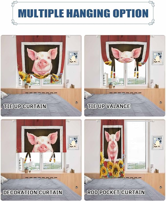 Tie Up Curtains for Windows, Pigs Sunflowers Adjustable Balloon Nature Linen - Image 5