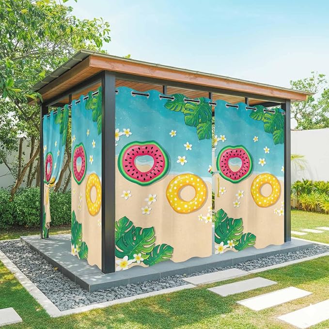 Summer Outdoor Curtains for Patio Plumeria Swimming Circles Ocean Beach by Unknown