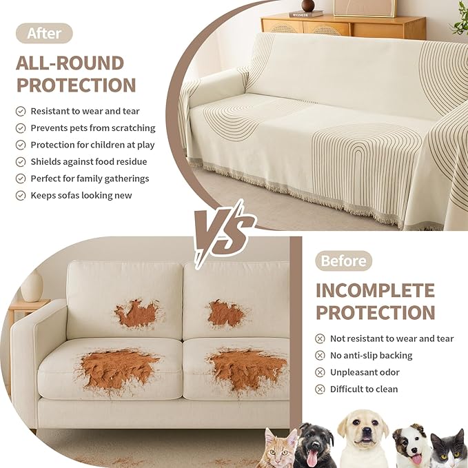 Couch Cover for Dogs, Boho Sofa Covers for 3 Cushion Couch, Chenille Sofa Slipcover for Pets Washable, L-Shape Sectional Couch Loveseat Cover Soft Throw Blankets with Tassels(71x134,Arc Beige)