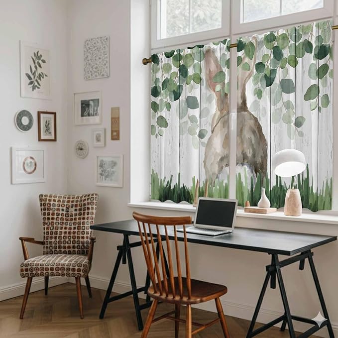 Easter Tier Curtains, Country Rabbit Botanical Leaves Wooden Grain Light - Image 6