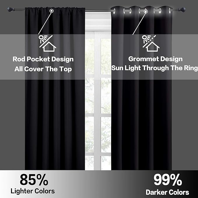 RYB HOME Cafe Blackout Curtains 24 inch Length, RV Curtains for Camper Windows, Mini Short Small Insulating Light UV Heat Blocking Privacy Half Window Tiers, Width 29 by Length 24, Black, 2 Panels